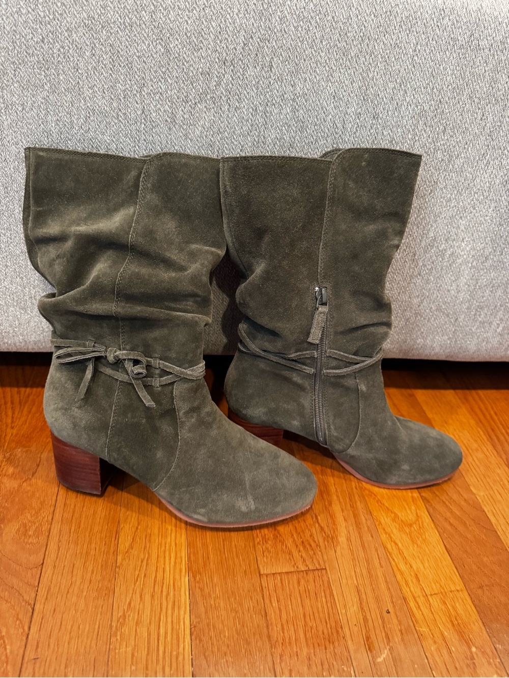 Olive Suede Mid-Calf Heel Boots with Wrap Tie